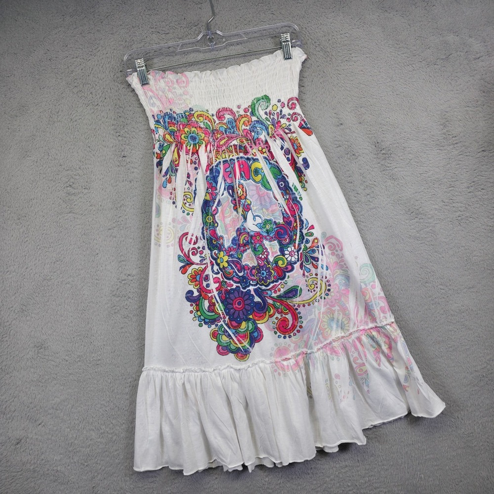 Y2K Dress Teen L White Strapless Tube Top Colorful Smocked Hippie Tiered Boho